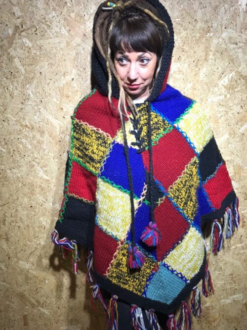 100% Wool Knitted Patchwork Poncho With Pixie Hood And Fringing by Gringo