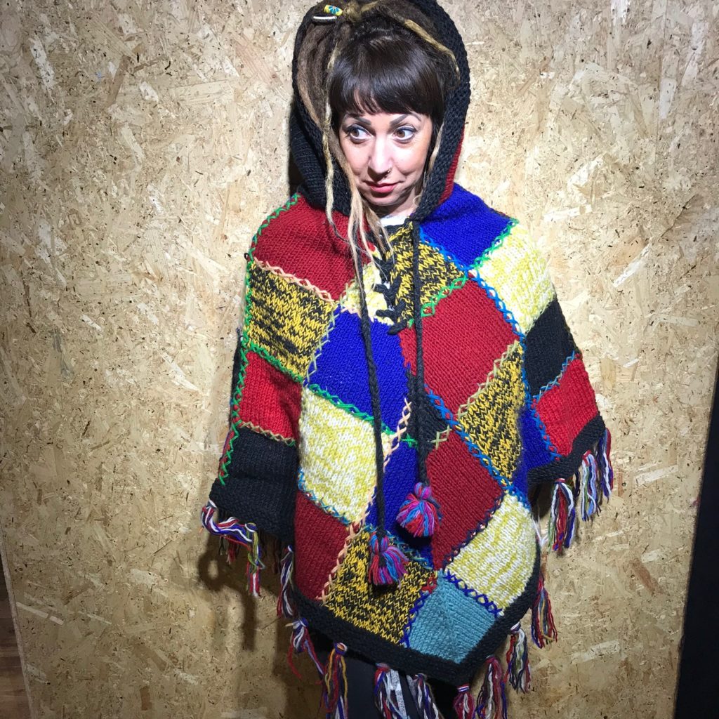 100% Wool Knitted Patchwork Poncho With Pixie Hood And Fringing by Gringo