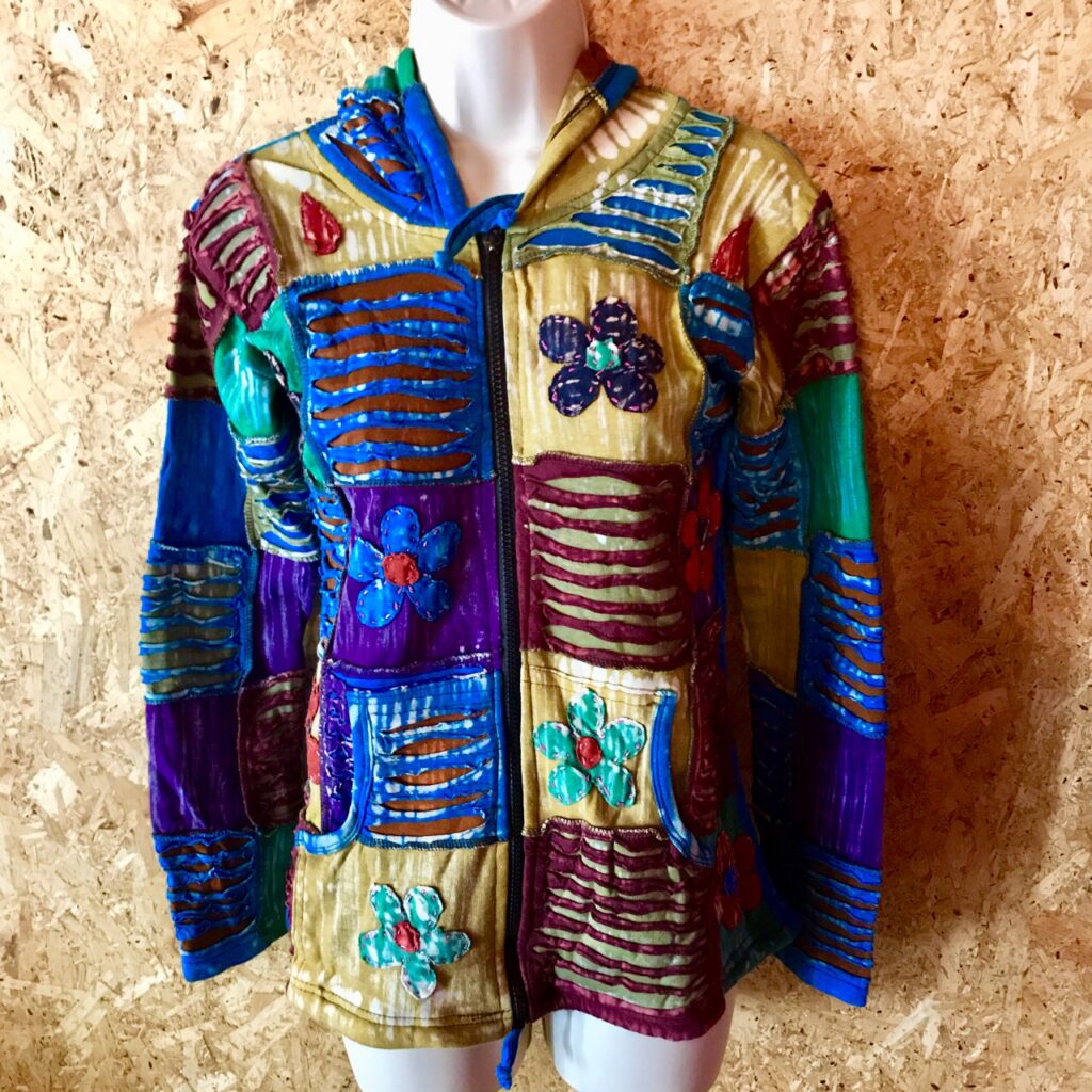 Nepalese Patchwork Appliqué Detail Pixie Hooded Jacket