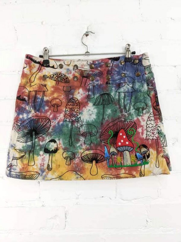 Cotton Screen Print Mushroom 🍄 Popper Wrap Skirt by Gringo