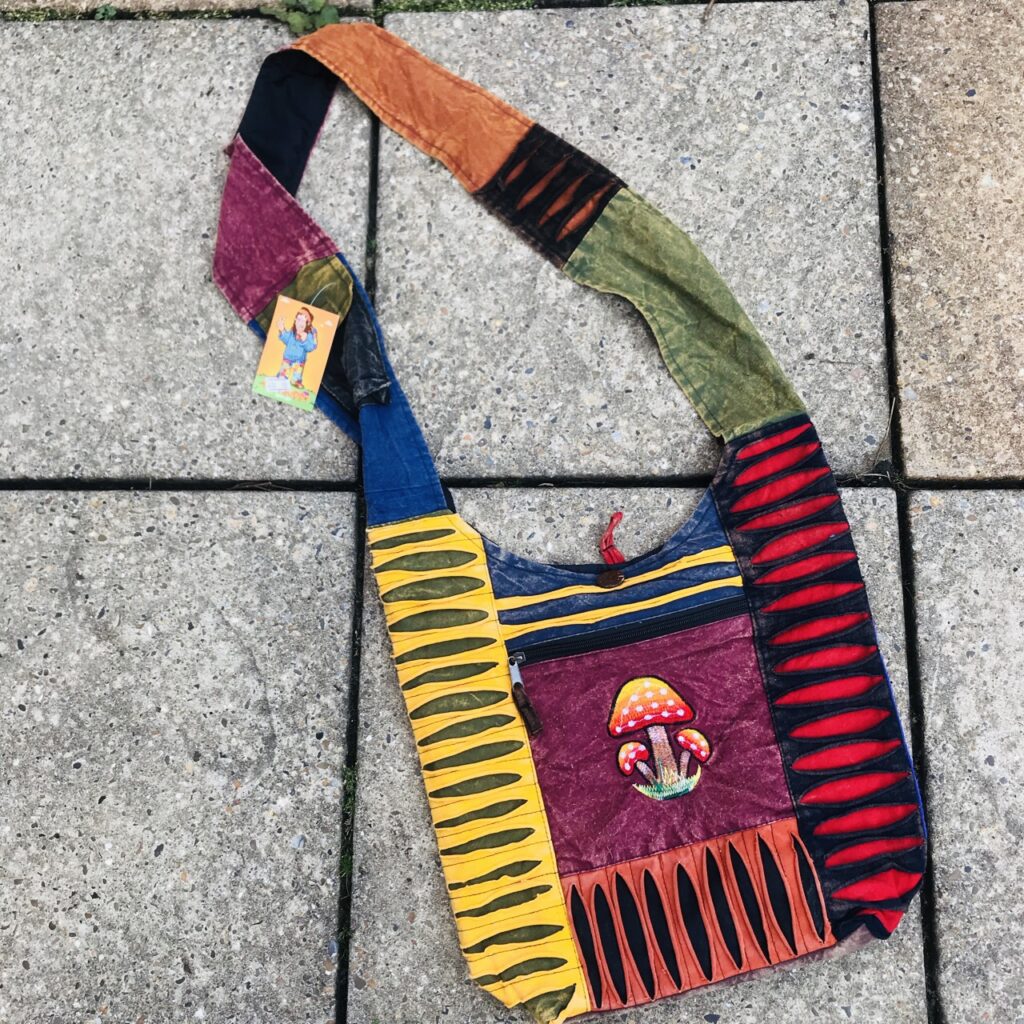 Nepalese Cotton Shoulder Bag with Appliqué Mushroom 🍄 Detailing