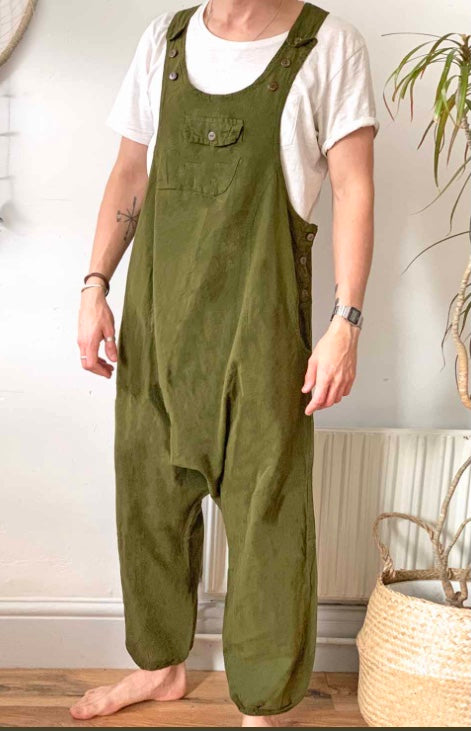 Kaki Green Cotton Plain Dungarees image 2