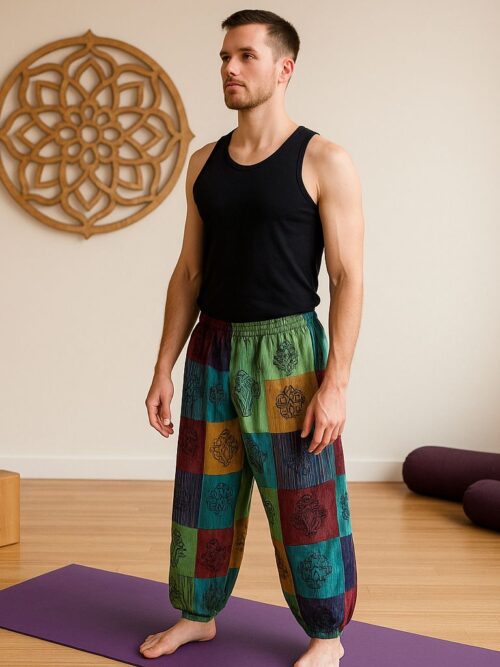 Mushroom Pants - Block Print Designs - Green Tones L/XL