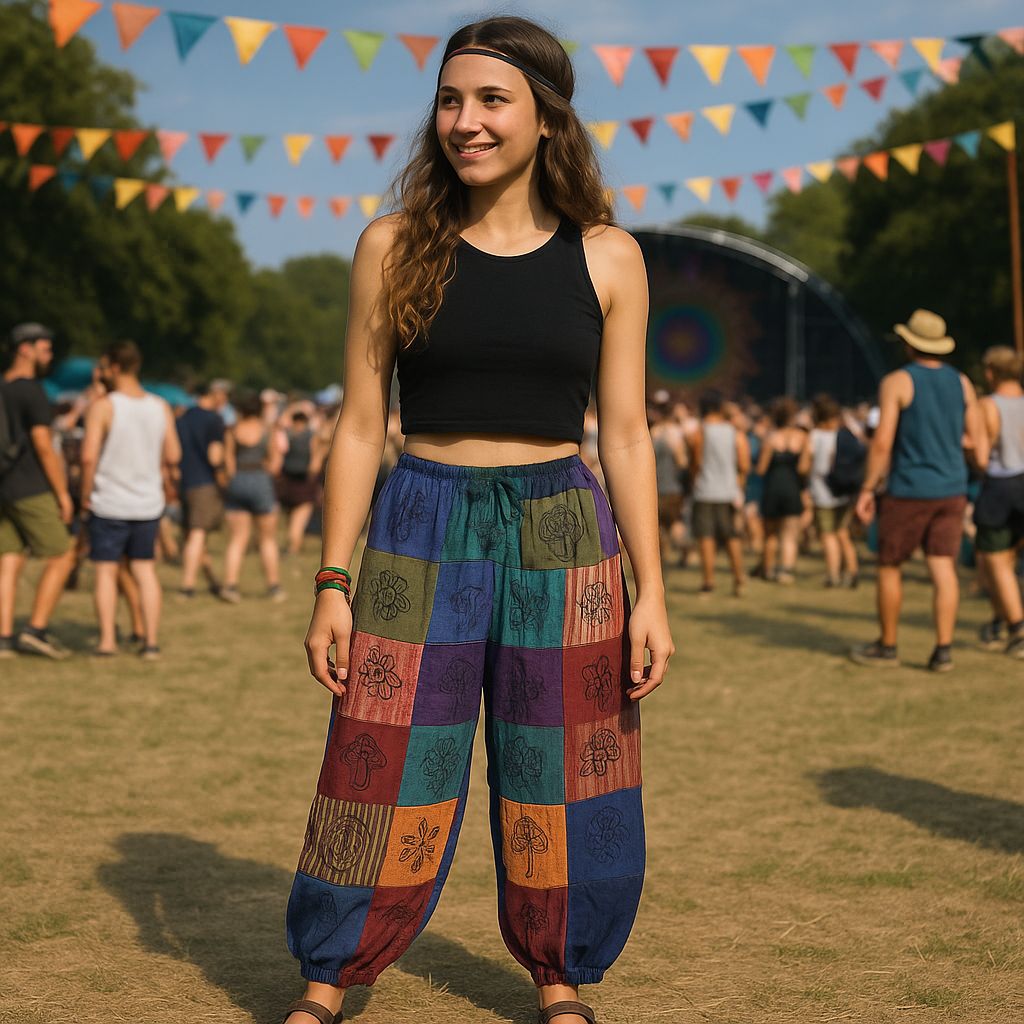 Mushroom Pants - Block Print Designs - Purple Tones S/M