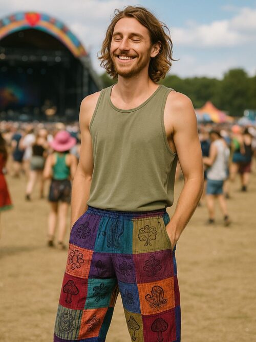 Mushroom Pants - Block Print Designs - Purple Tones L/XL