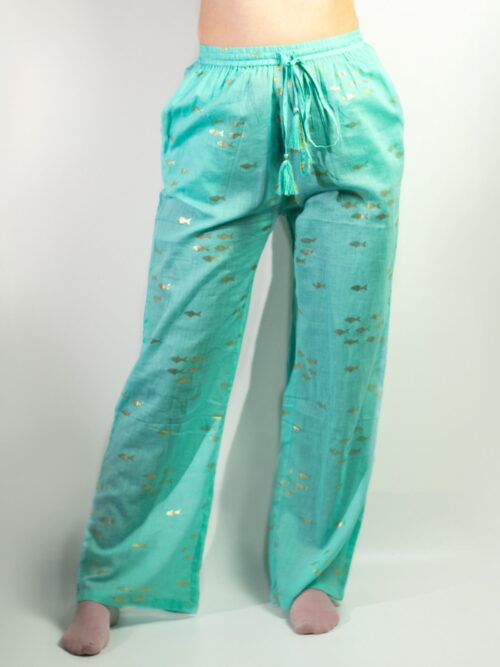 Lounge Pants - Turquoise with  Gold Fish Design L/L