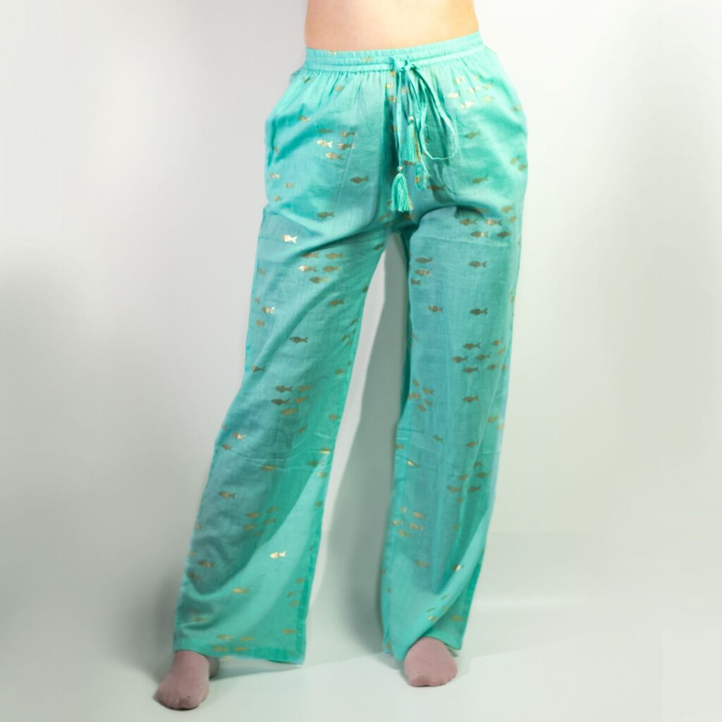 Lounge Pants - Turquoise with Gold Fish Design M/L