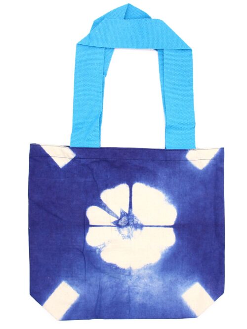 Natural Tye-Dye Cotton Bag 38x42x12cm - Blue Flower - Blue Handle