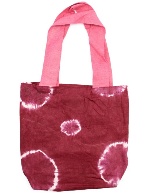 Natural Tye-Dye Cotton Bag  38x42x12cm - Maroon Rings - Pink Handle