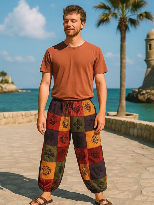 Mushroom Pants - Block Print Designs - Orange Tones L/XL