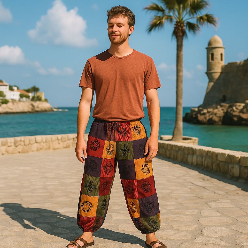 Mushroom Pants - Block Print Designs - Orange Tones L/XL