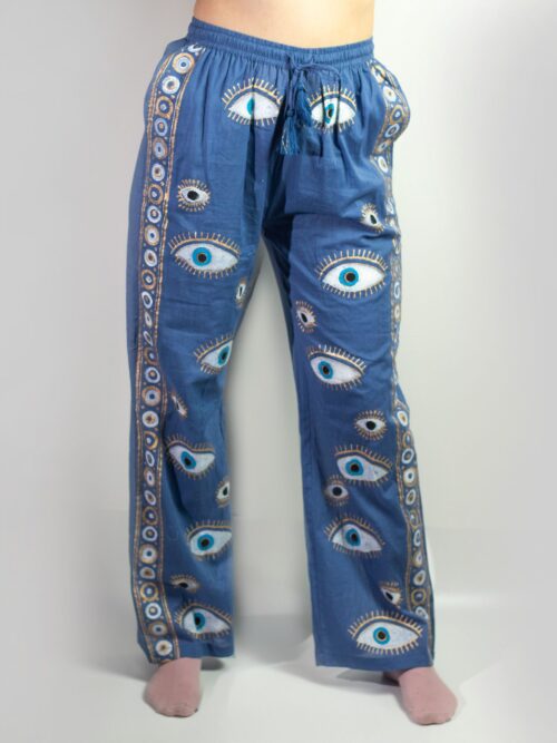 Lounge Pants Rich Blue-Gold Hand Painted Evil Eye Design L/XL