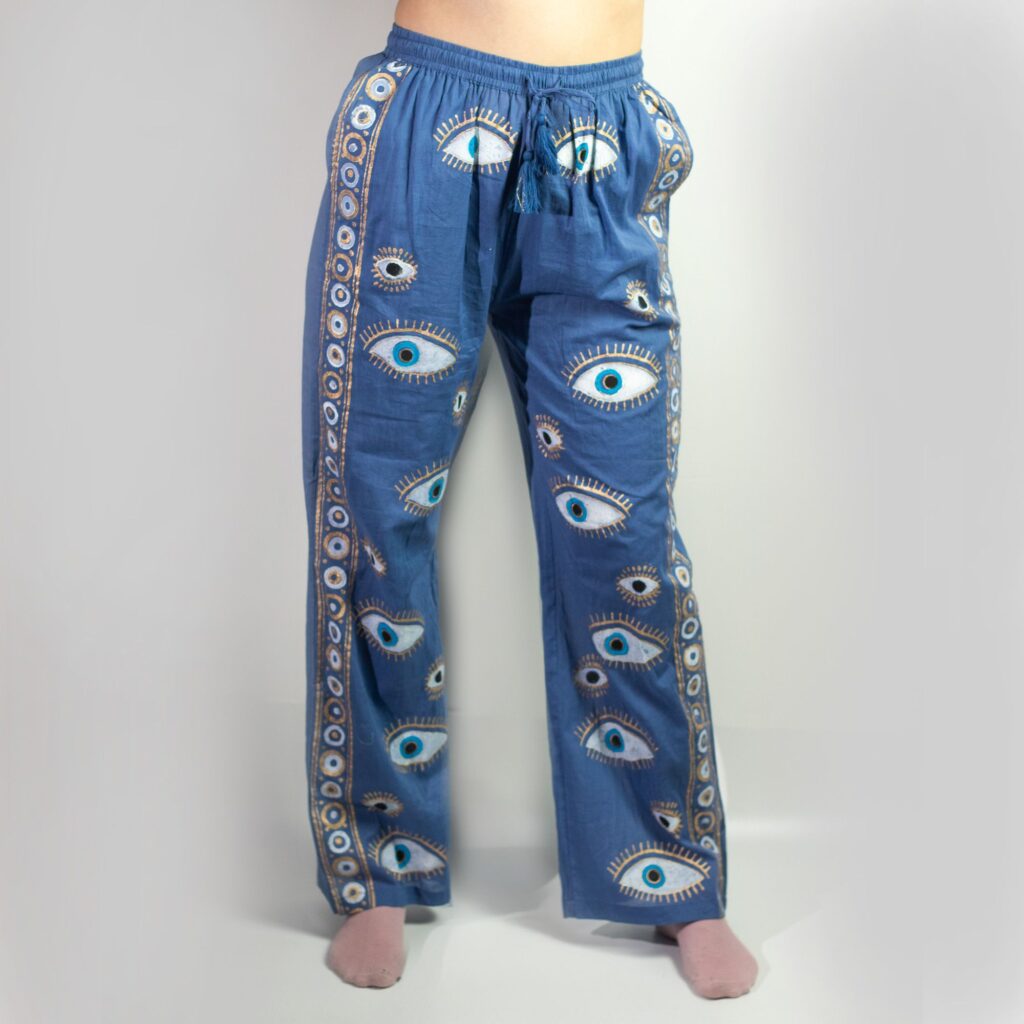Lounge Pants - Rich Blue-Gold Hand Painted Evil Eye Design M/L