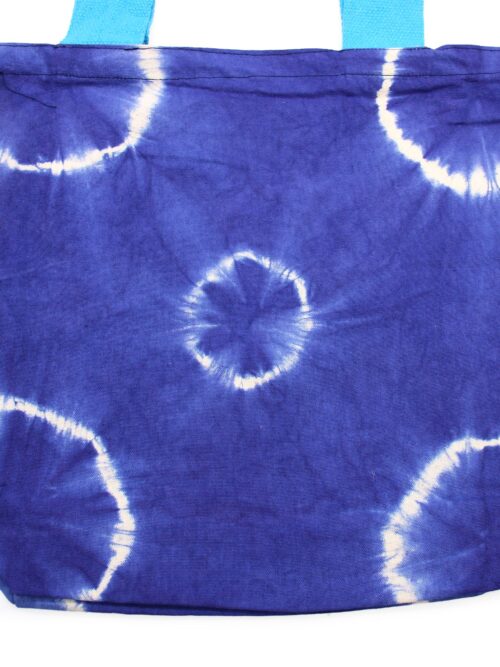 Natural Tye-Dye Cotton Bag 38x42x12cm - Blue Rings - Blue Handle