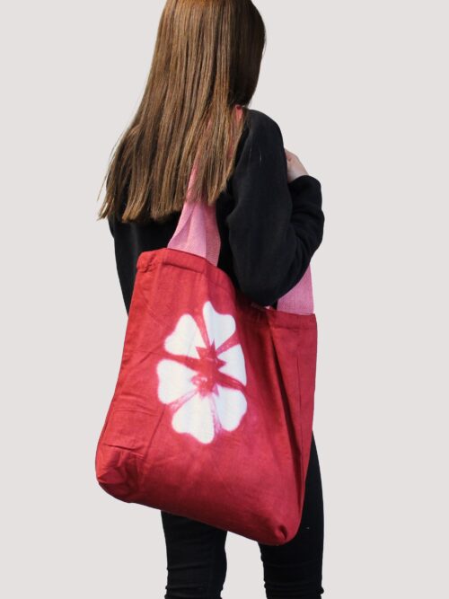 Natural Tye-Dye Cotton Bag  38x42x12cm - Maroon Flower - Pink Handle