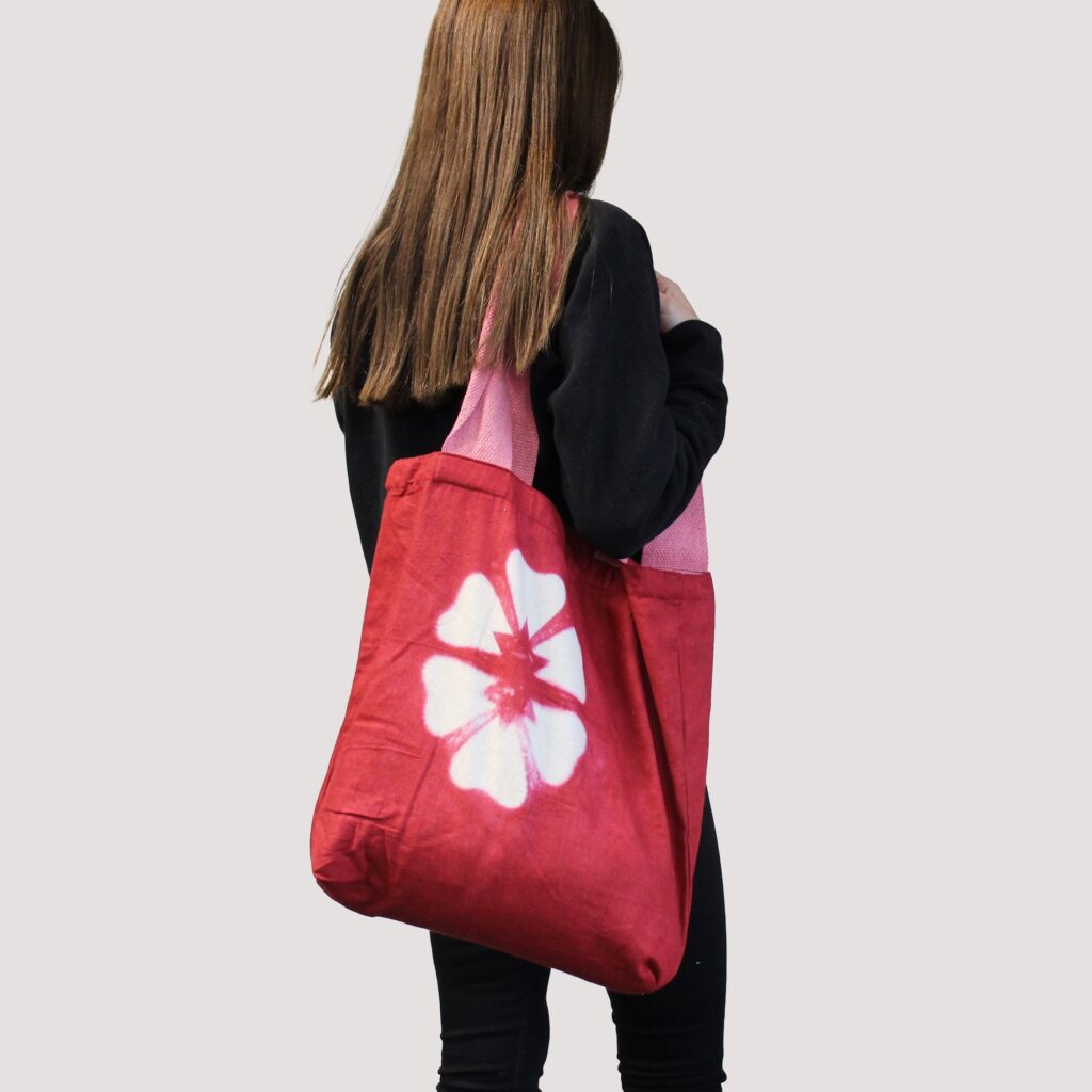 Natural Tye-Dye Cotton Bag  38x42x12cm - Maroon Flower - Pink Handle